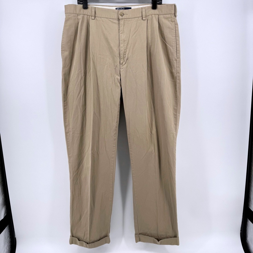 Polo Ralph Lauren Hammond Pants Mens 38x32 Tan Khaki Pleated Cuffed Hem Chinos - Picture 2 of 7